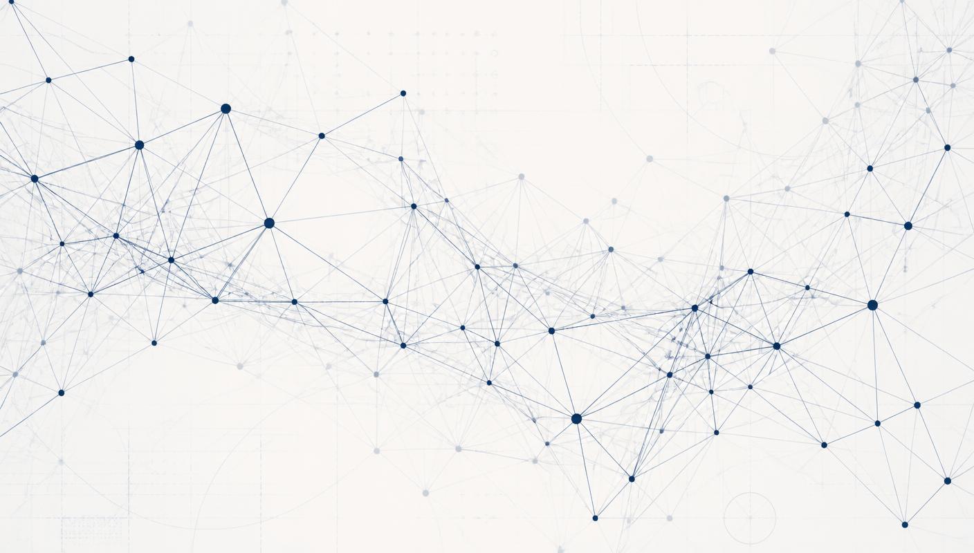 Abstract navy mesh of connected nodes representing distributed digital systems on a pale technical grid