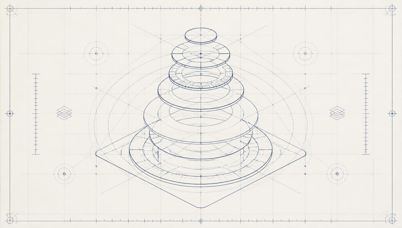 Technical blueprint drawing of a layered technology stack with concentric modules and measurement marks
