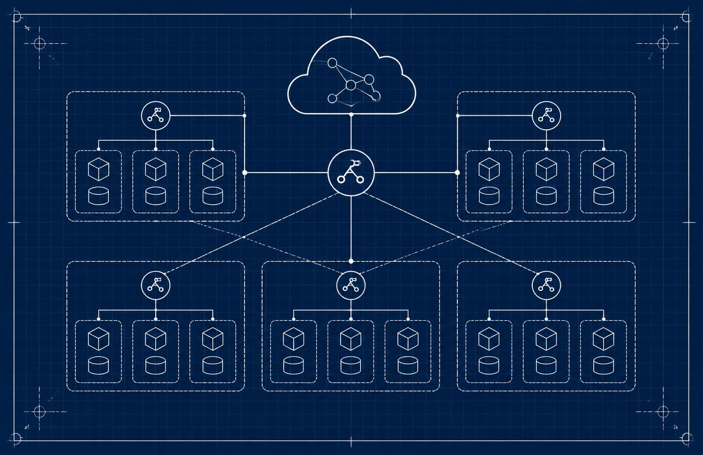 Blueprint-style diagram of a multi-region cloud architecture with load balancers, compute nodes and databases
