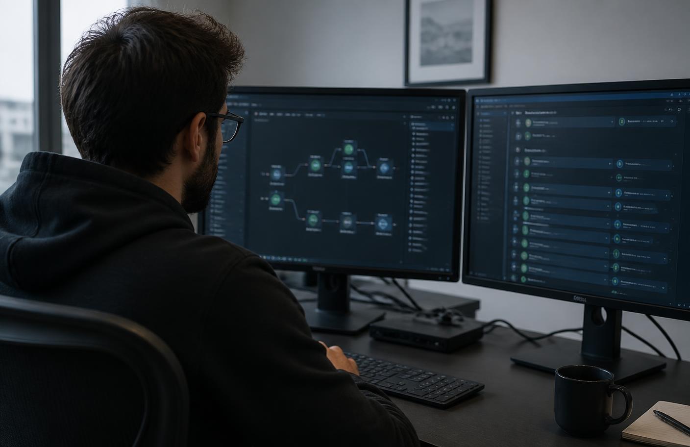Software engineer reviewing a continuous delivery pipeline on two monitors in a quiet workspace