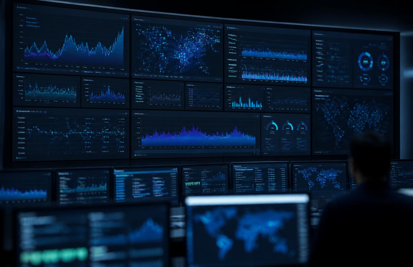 Wall of monitoring dashboards showing latency graphs and network activity in a control room