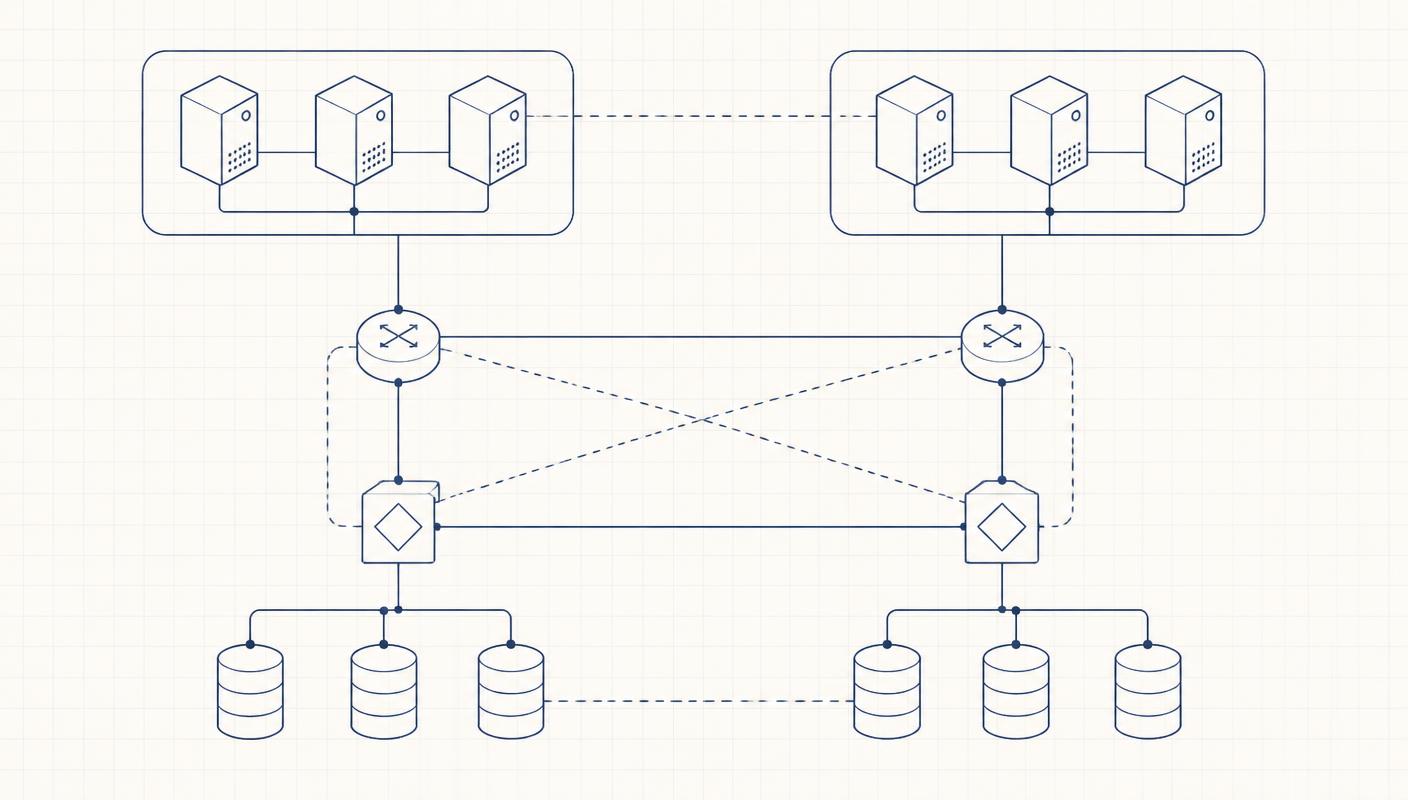 Engineering drawing of redundant server clusters with dashed failover paths between two sites