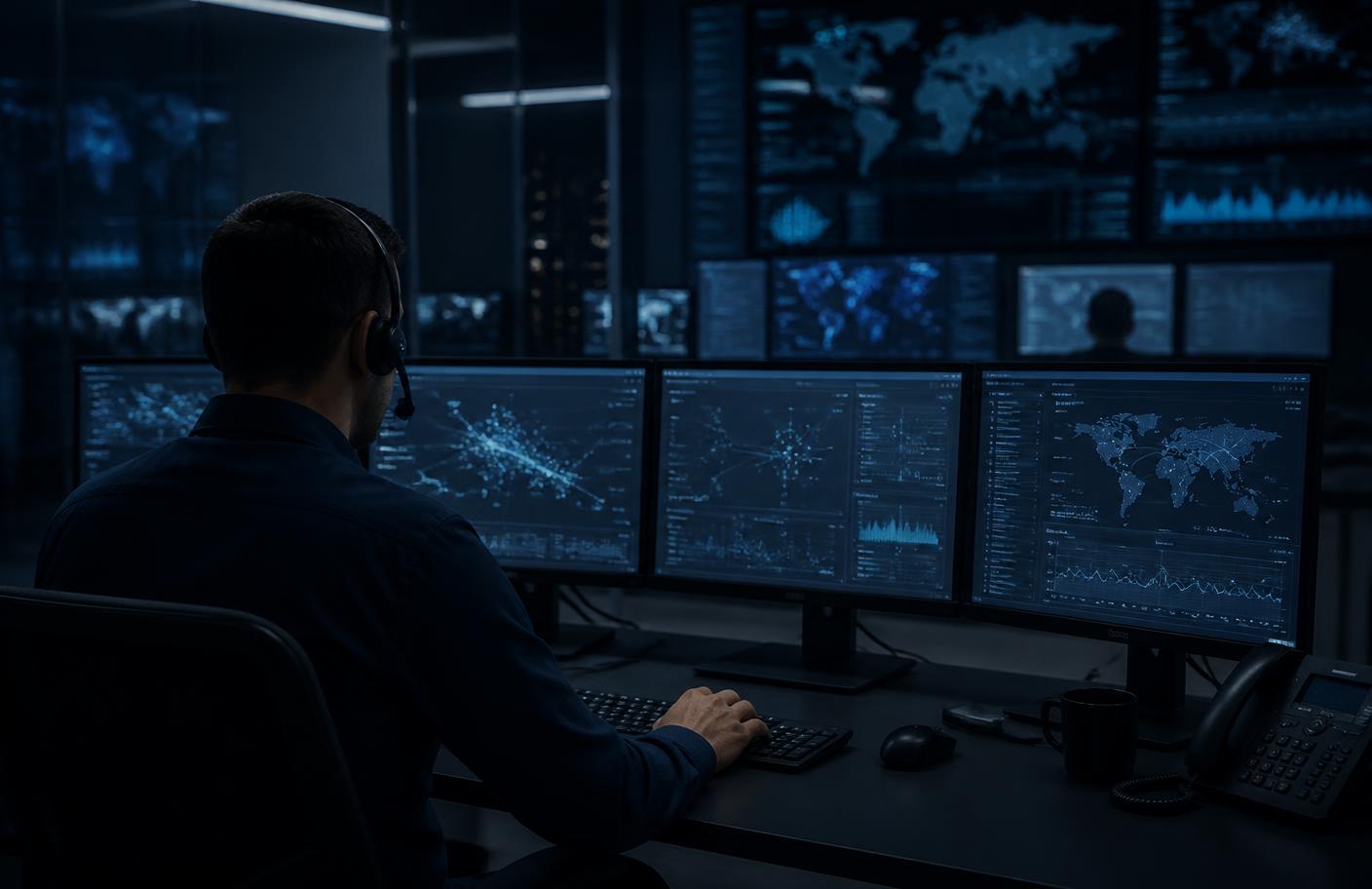Security analyst monitoring network telemetry on multiple screens in a darkened operations room