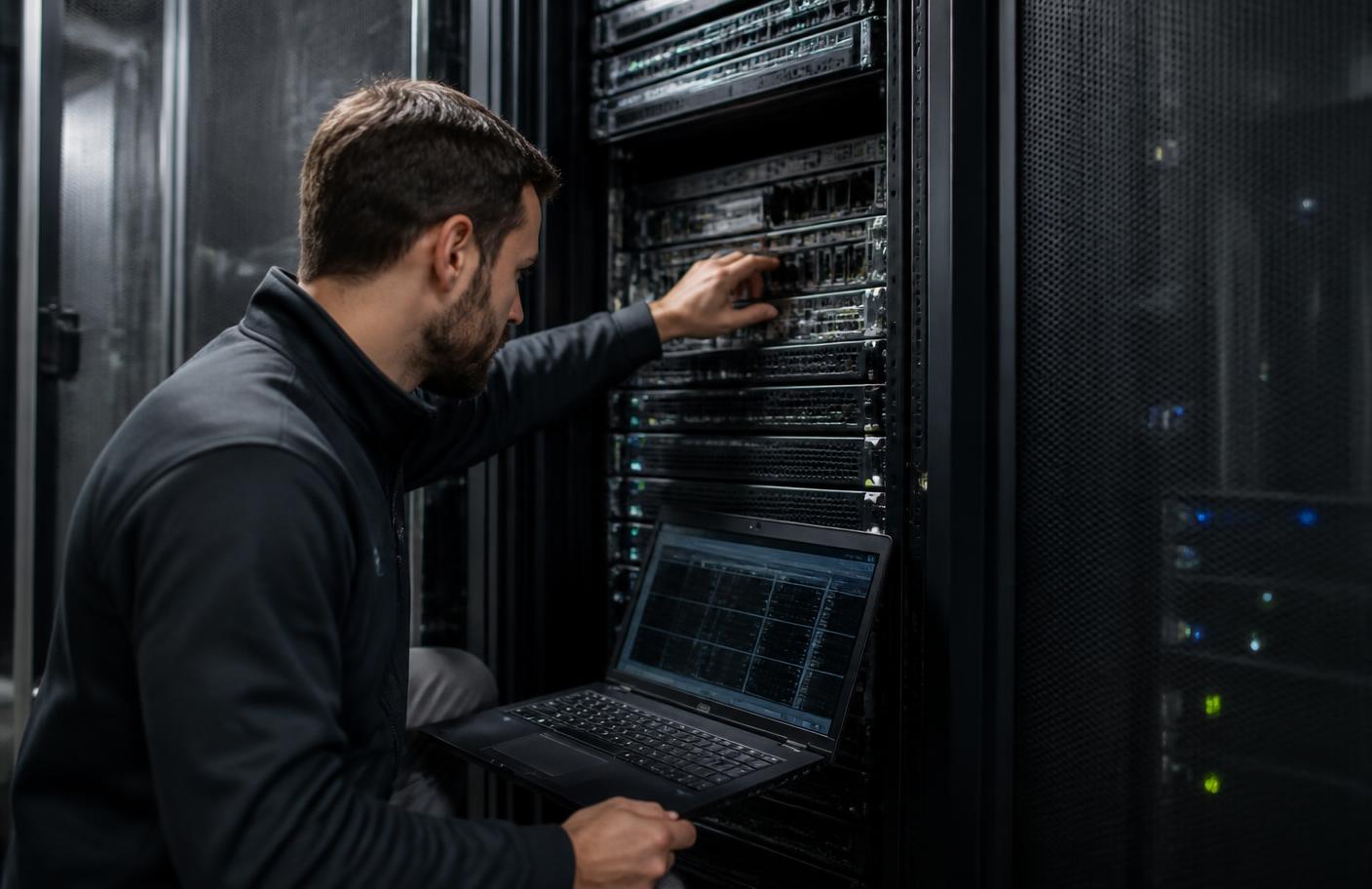 Technician running a hardware diagnostic on a laptop while inspecting components inside a server rack